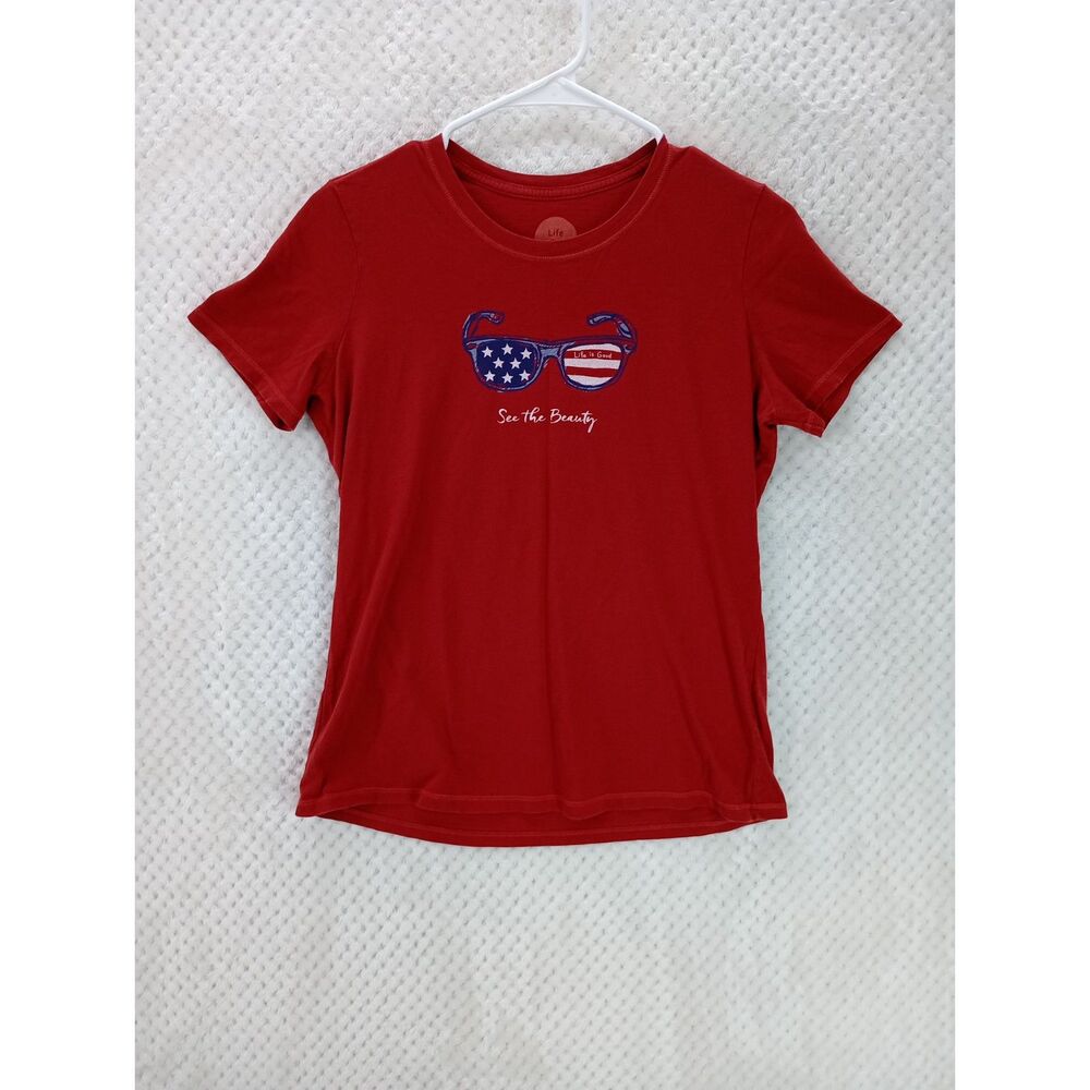 Life is Good Women's Small Red Patriotic Flag Short Sleeve Tee